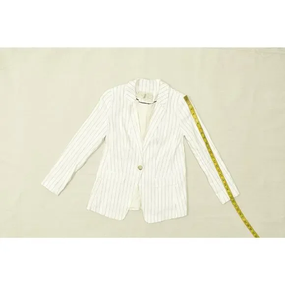 LOFT Petite Size 2P White Pinstripe Linen Blend One-Button Blazer - Picture 5 of 8